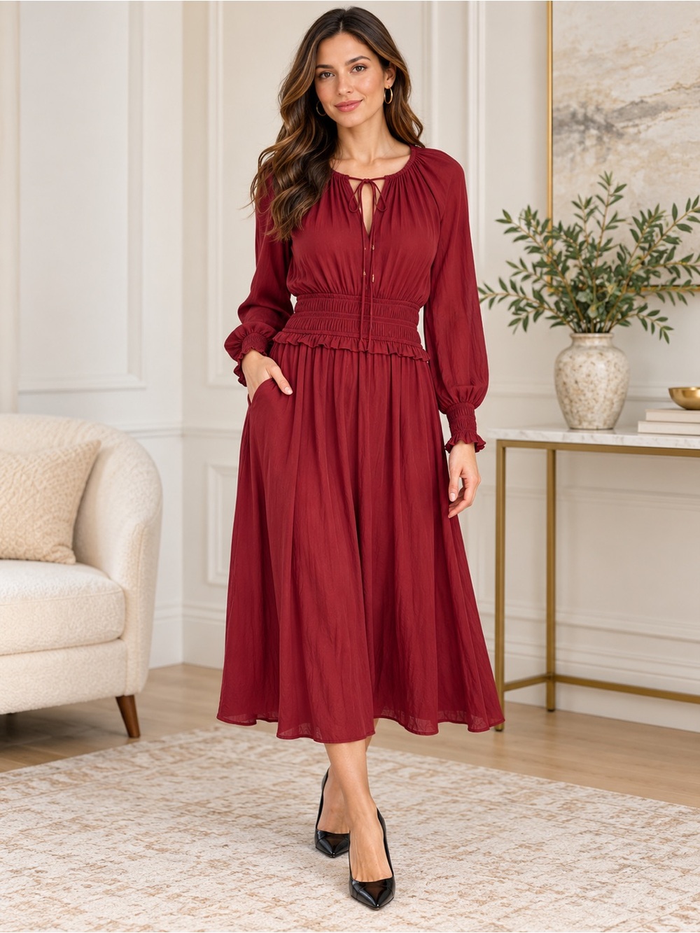 Elie Tahari Burgundy Airflow Smocked Waist Blouson Midi Dress S